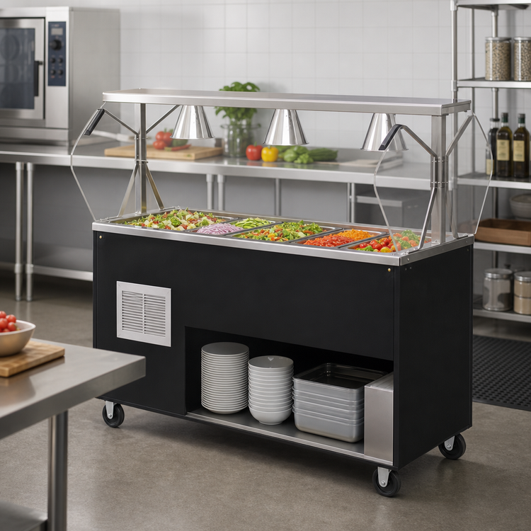 Product image #2 for Vollrath 2-Series Affordable Portable Refrigerated 4-Pan Cold Food Buffet Station with Breath Guard, Open Storage Base, and Locking Casters