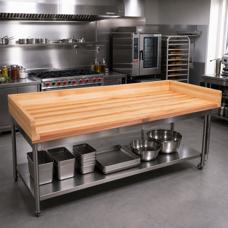 Product image #2 for John Boos Edge Grain Northern Hard Rock Maple Bakers' Table Top with 4 Inch Coved Backsplash, 120 x 30 x 1-3/4 Inches
