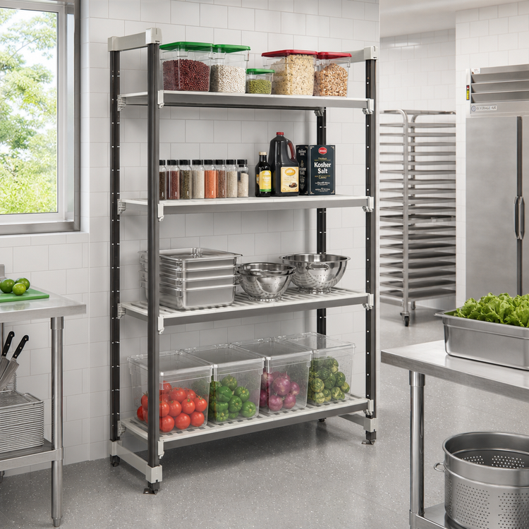 Product image #2 for Cambro Camshelving Elements XTRA High Density Top Rail Stationary Starter Unit, 24-Inch Deep x 36-Inch Long x 81-Inch High, 4 Vented Shelves, Speckled Gray