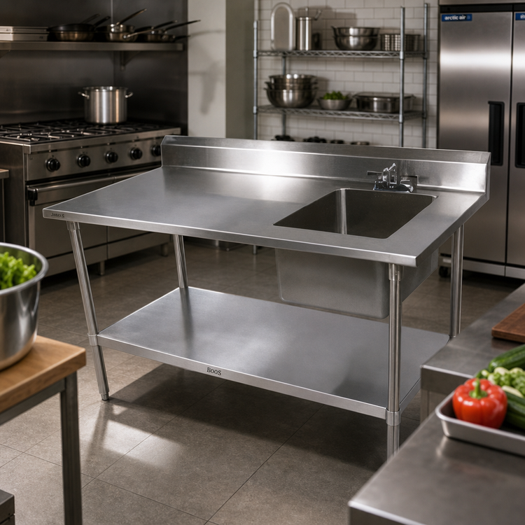 Product image #2 for John Boos EPT6R5-3060SSK-R 60-Inch Stainless Steel Sink Table with Right-Side Bowl and 5-Inch Backsplash