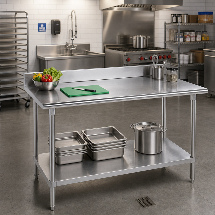 Product image #2 for Advance Tabco 84-Inch x 36-Inch Stainless Steel Work Table with 5-Inch Backsplash and Adjustable Undershelf