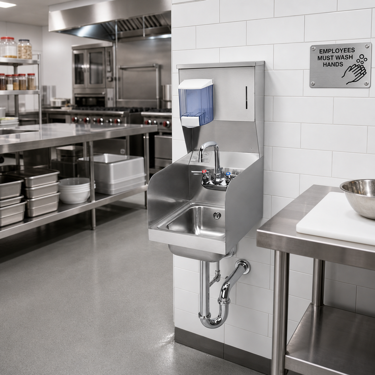 Product image #2 for 12-Inch Wide Stainless Steel Wall-Mount Space Saver Hand Sink with Soap and Towel Dispenser, Side Splashes, and Faucet