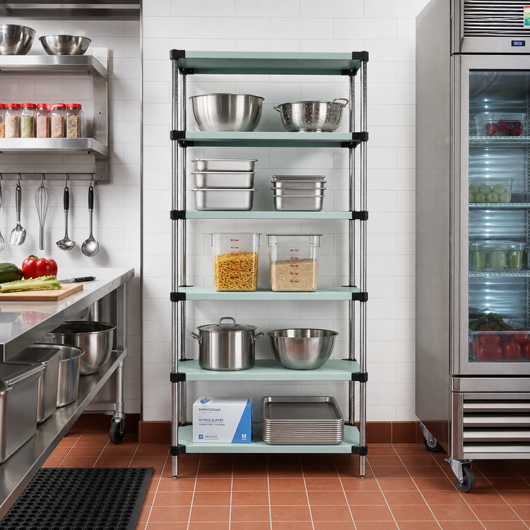 Product image #2 for Quantum Solid Stainless Steel Stationary Shelving Starter Kit, 24W x 21D x 54H, 5 Shelves
