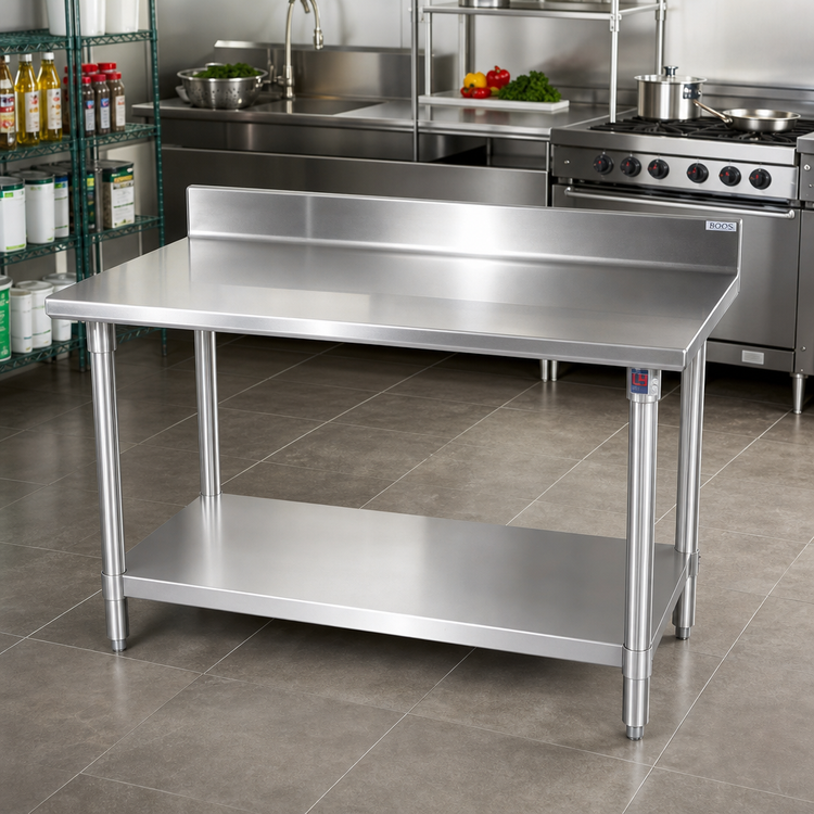 Product image #2 for John Boos Stallion 72" W x 36" D Stainless Steel Top Work Table with 5" Backsplash, Safety Edge and Adjustable Undershelf