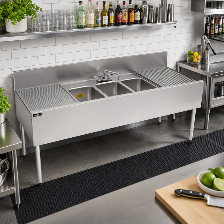 Product image #3 for Top Shelf 72-Inch Three-Compartment Stainless Steel Underbar Sink Unit with Left and Right Drainboards
