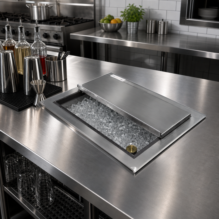 Product image #2 for Steel Works Stainless 18 Inch x 18 Inch Insulated Drop-In Ice Bin with Sliding Cover, 65 lb. Capacity