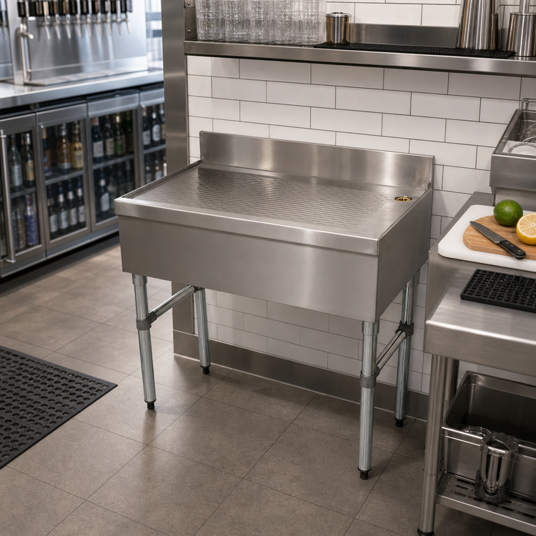 Product image #2 for Advance Tabco Underbar Basics™ Freestanding Stainless Steel Underbar Drainboard with 4-Inch Backsplash, 24 x 21 x 33 Inches