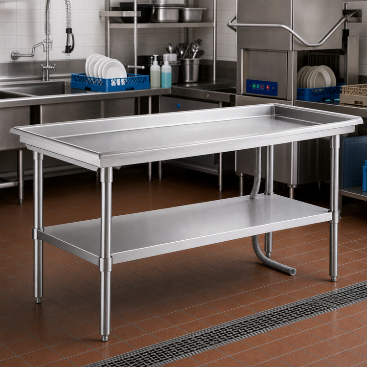 Product image #2 for Klinger's Trading 97-Inch 304 Stainless Steel Dish Sorting Table with Open Undershelf and Drain Tube