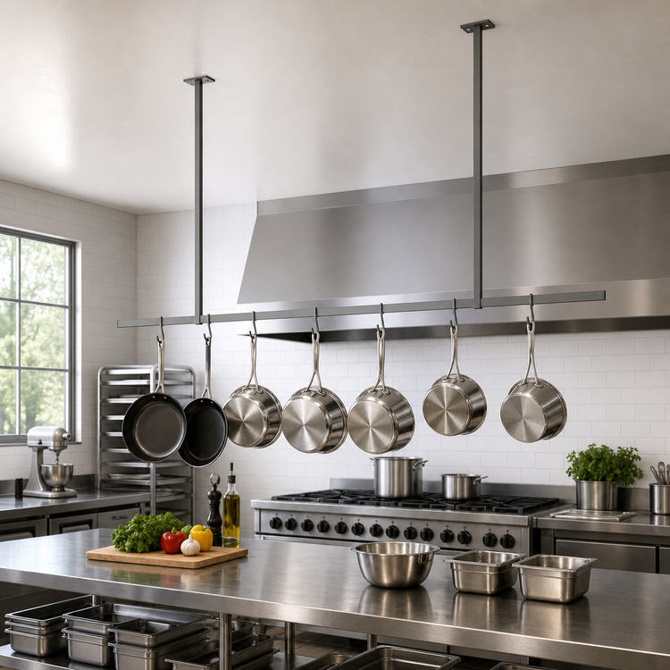 Product image #2 for John Boos Ceiling-Mounted Single-Bar Stainless Steel Pot Rack, 79-1/4 Inch, 7 Double Hooks