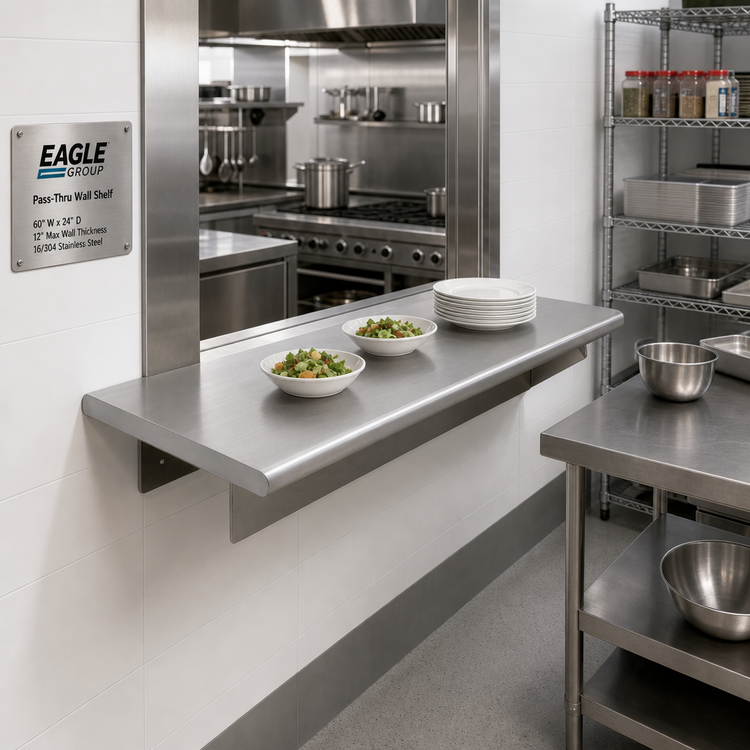 Product image #2 for Eagle Group Pass-Thru Wall Shelf, 60 Inch W x 24 Inch D, 12 Inch Max Wall Thickness, 16/304 Stainless Steel
