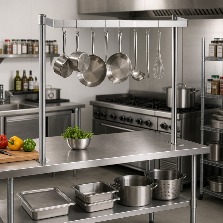 Product image #3 for 60 Inch Adjustable Table-Mounted U-Shaped Stainless Steel Pot Rack with Double-Prong Hooks