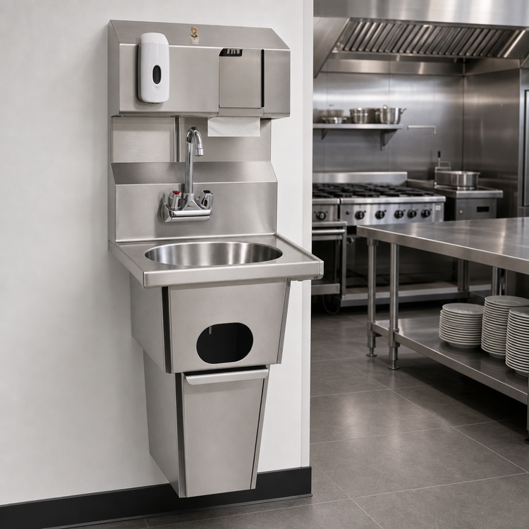 Product image #2 for Wall-Mounted 304 Stainless Steel Hand Sink with Built-In Waste Receptacle, Gooseneck Faucet, and Soap/Towel Dispensers