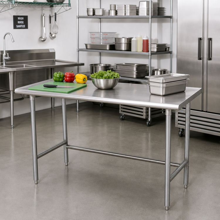 Product image #2 for Advance Tabco 12-Foot x 24-Inch 16-Gauge 430 Stainless Steel Flat Top Work Table with Open Base