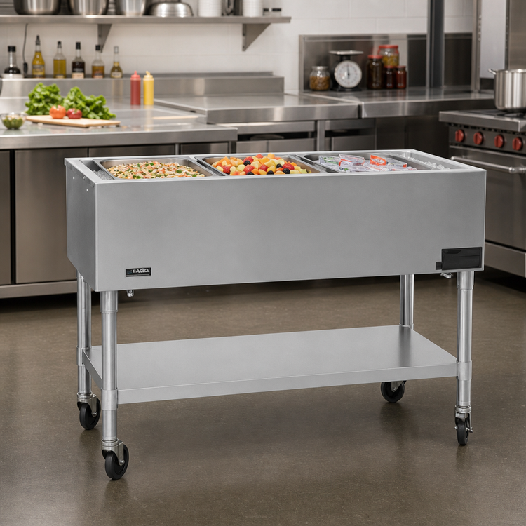 Product image #2 for Eagle Group Portable 3-Pan Ice-Cooled Mobile Serving Counter with Open Base, Stainless Steel Legs, and Undershelf
