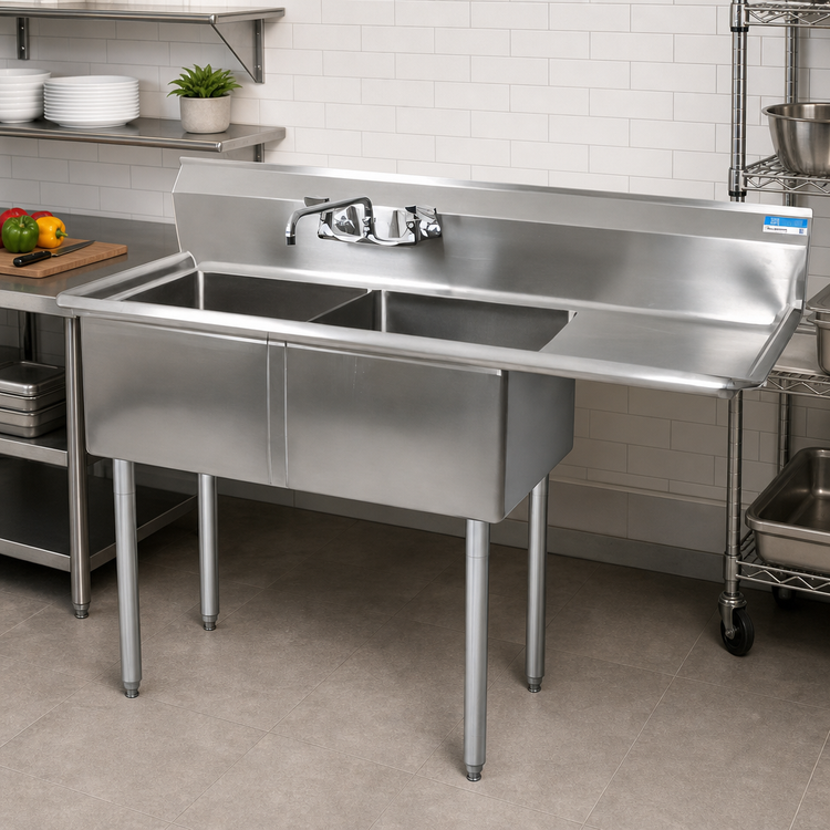 Product image #2 for BK Resources Two Compartment Stainless Steel Sink with Right Drainboard and 18" x 18" x 12" Bowls