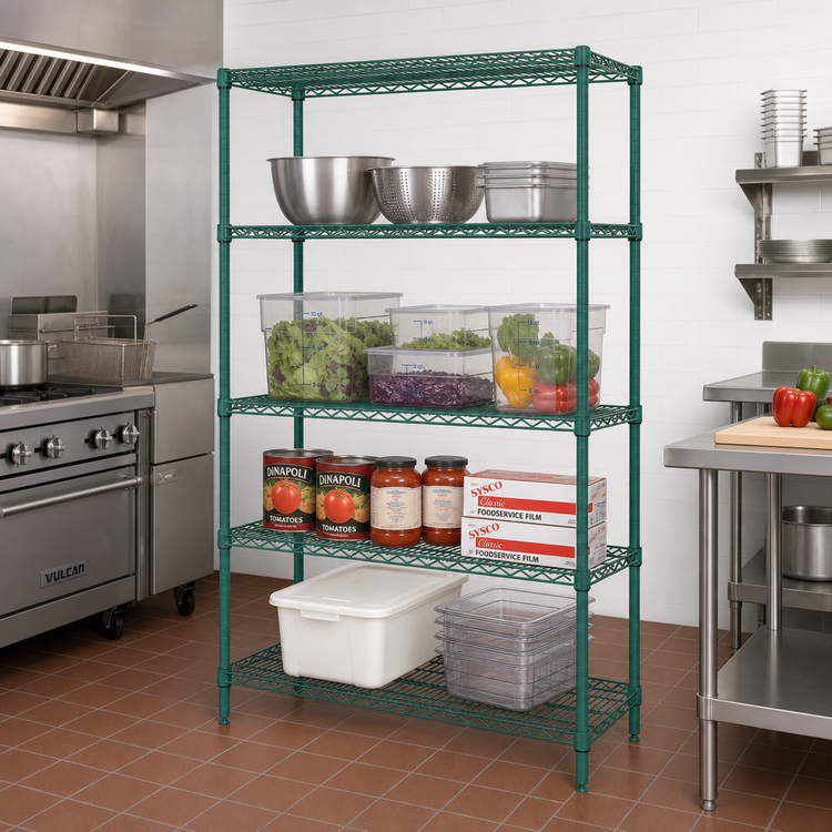 Product image #2 for Quantum WR74-1460P 4-Shelf Wire Shelving Starter Kit, 60"W x 14"D x 74"H, Green Epoxy