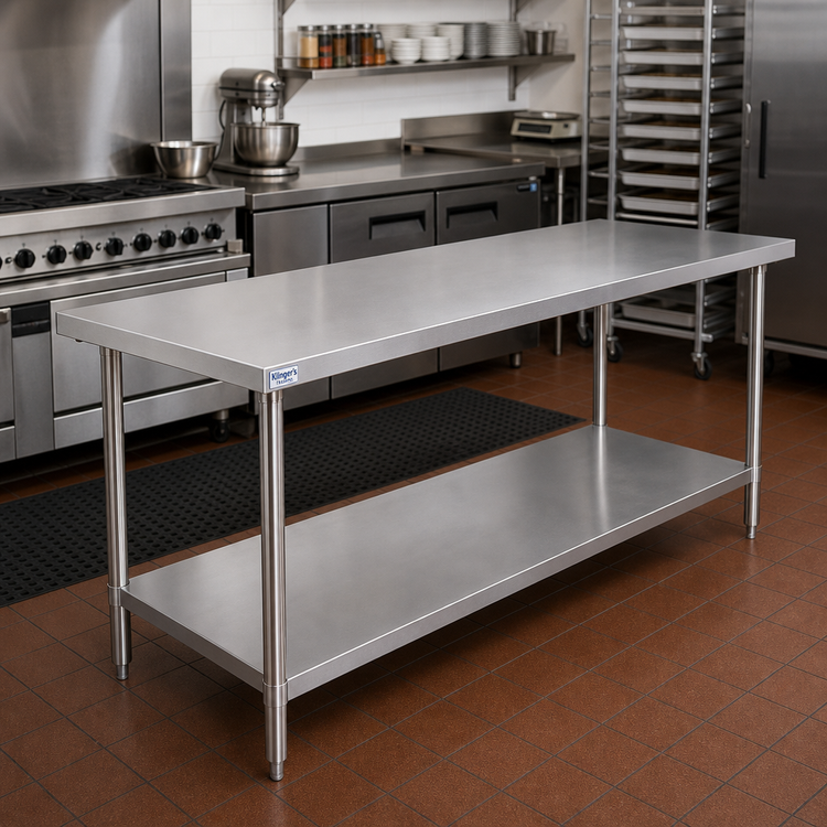Product image #2 for Klinger's Trading 60" x 30" Stainless Steel Work Table with 18-Gauge 18/430 Top, Undershelf, and Adjustable Bullet Feet
