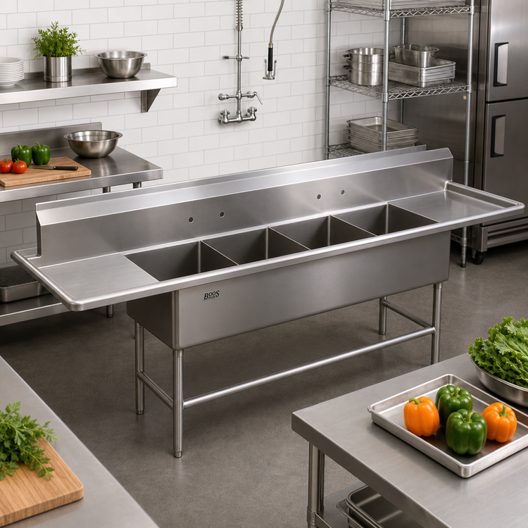 Product image #2 for John Boos Pro-Bowl 4-Compartment Sink with Left & Right 24-Inch Drainboards, 20 x 20 x 14-Inch Bowls, 14-Gauge Stainless Steel