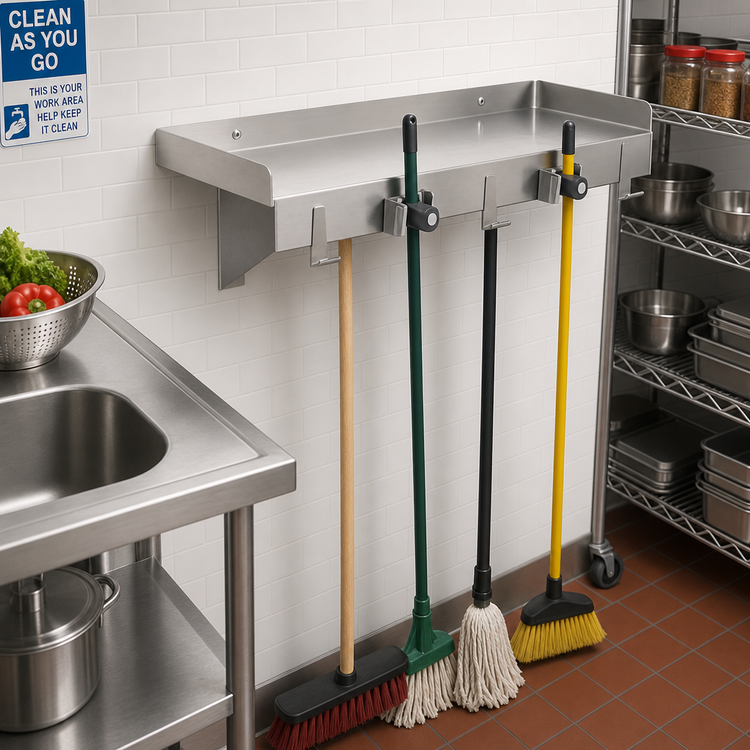 Product image #2 for John Boos PB-MSS836 36-Inch Wall-Mounted Stainless Steel Utility Shelf with 3 Mop/Broom Holders