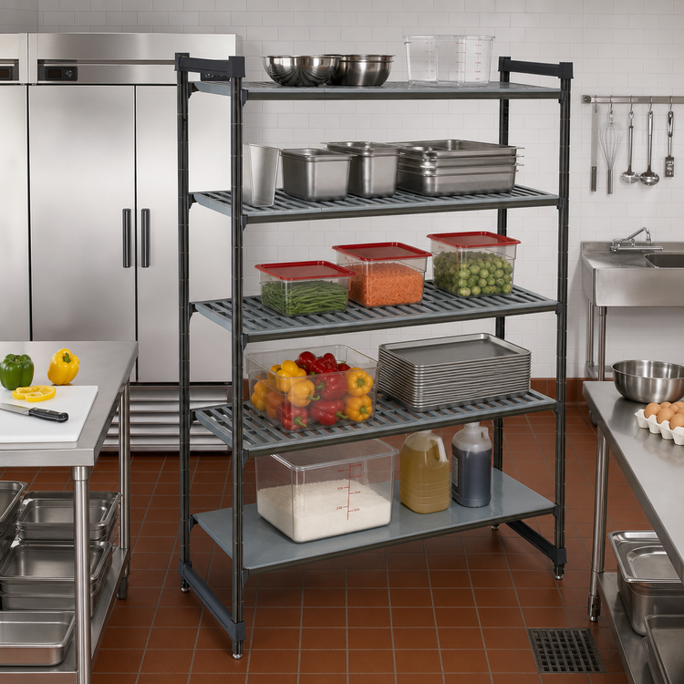 Product image #2 for Cambro Camshelving Basics Plus 5-Tier Stationary Starter Unit, 21" x 60" x 84", Vented & Solid Shelves, Brushed Graphite