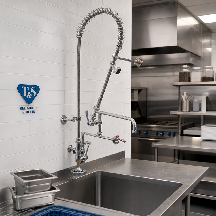 Product image #2 for T&S Brass EasyInstall Wall-Mount Pre-Rinse Unit with Add-On Faucet, 14-Inch Swing Nozzle, and 1.15 GPM Spray Valve