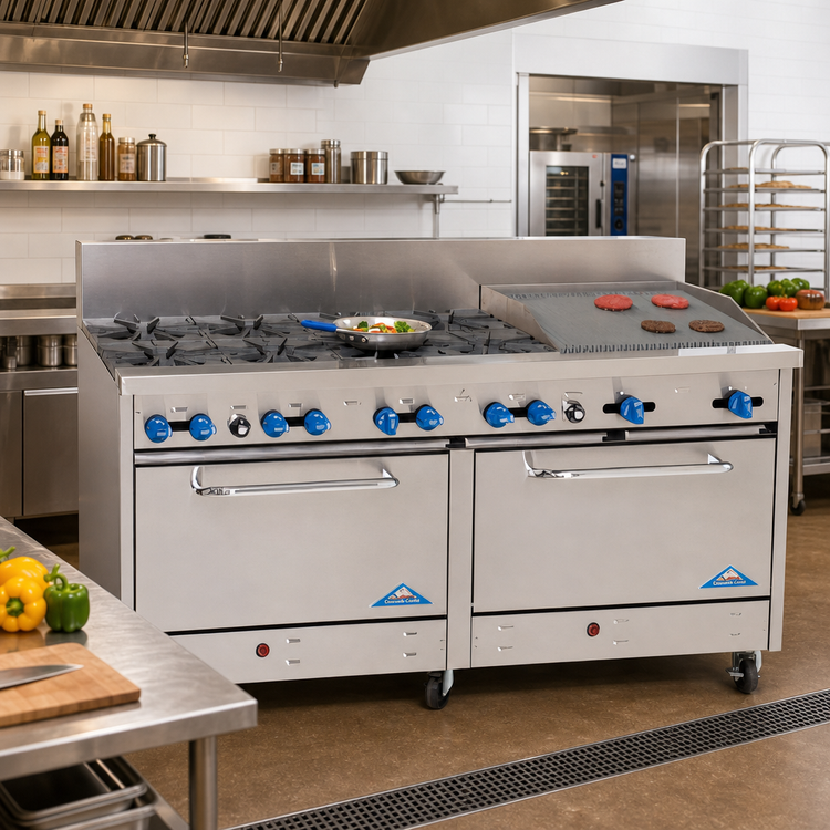 Product image #2 for Comstock-Castle 72-Inch Commercial Gas Range with 8 Open Burners, 24-Inch Char-Broiler, and 2 Extra-Wide Ovens