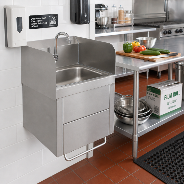 Product image #3 for John Boos Wall-Mount Stainless Steel Hand Sink with Knee-Activated Gooseneck Faucet, 14 x 10 x 5 Inch Bowl