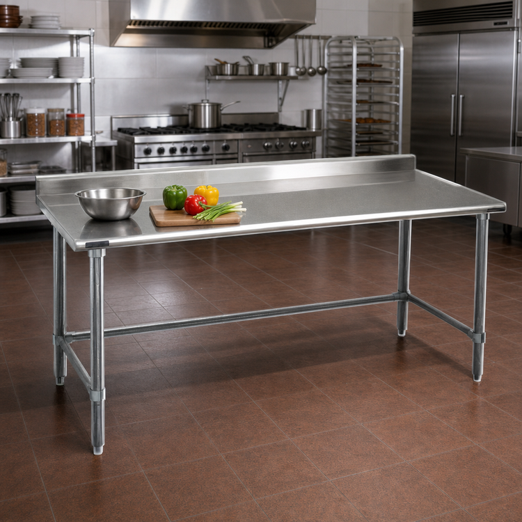 Product image #2 for Eagle Group Deluxe Series 84-Inch x 36-Inch Stainless Steel Work Table with Rolled Front Edge, 1-1/2-Inch Rear Up-Turn, and Galvanized Base