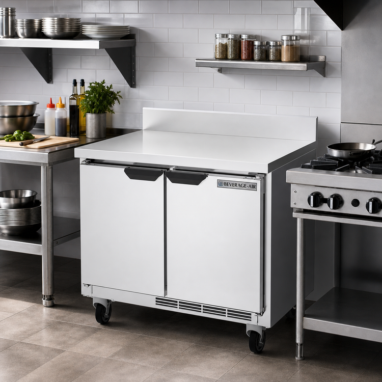 Product image #2 for Beverage-Air 34-Inch Shallow Depth Two-Section Worktop Refrigerator with Solid Reversible Doors