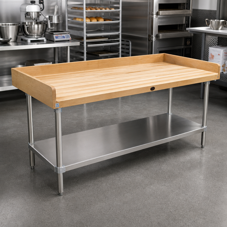 Product image #2 for Advance Tabco Bakers' Work Table with 1-3/4 Inch Wood Top, Rear and Side Splash, and Adjustable Undershelf, 84 x 30 Inches