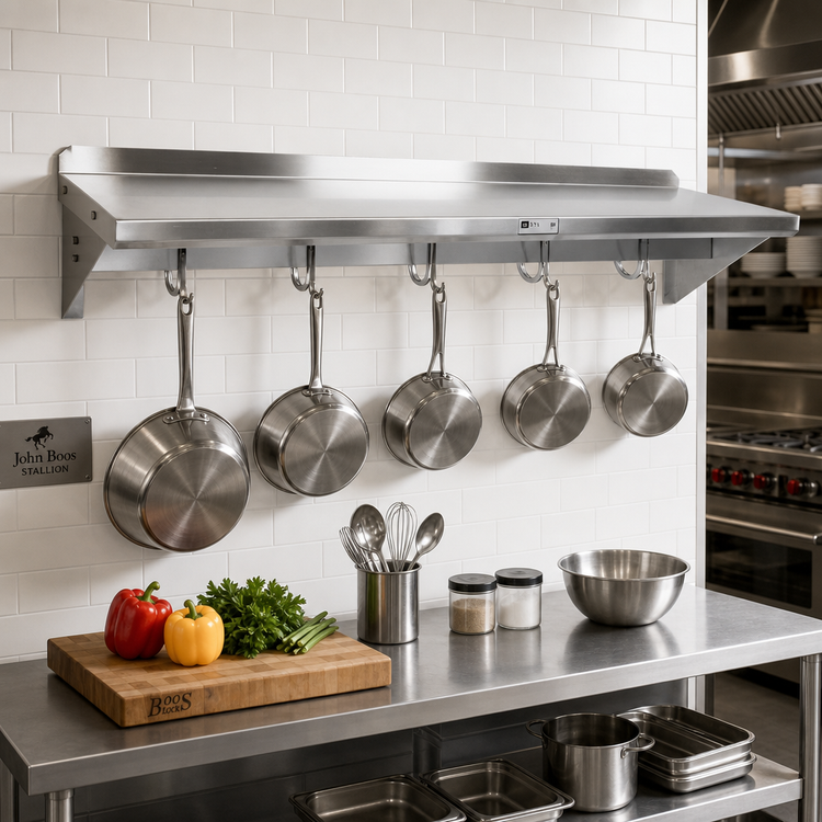 Product image #2 for John Boos Stallion Commercial Wall-Mounted Stainless Steel Pot Rack Shelf with 6 Hooks, 72 x 18 x 13 Inches