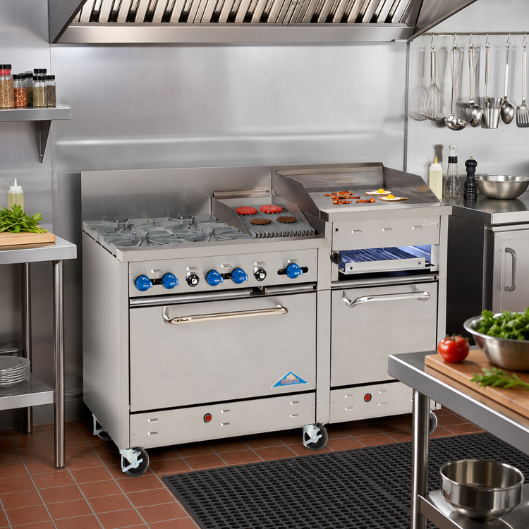 Product image #2 for Comstock-Castle 60-Inch Commercial Gas Range with 2 Open Burners, 24-Inch Raised Griddle, 24-Inch Char-Broiler, and 2 Standard Ovens
