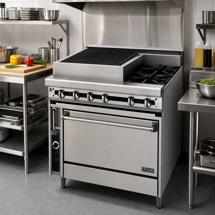 Product image #2 for Titan Heavy Duty 36" Gas Charbroiler Combination Range with French Hot Top and Standard Oven