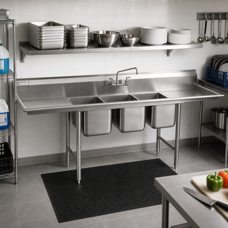 Product image #2 for Eagle Group 314 Series Three-Compartment 304 Stainless Steel Sink with Left and Right Drainboards, 102-Inch Wide
