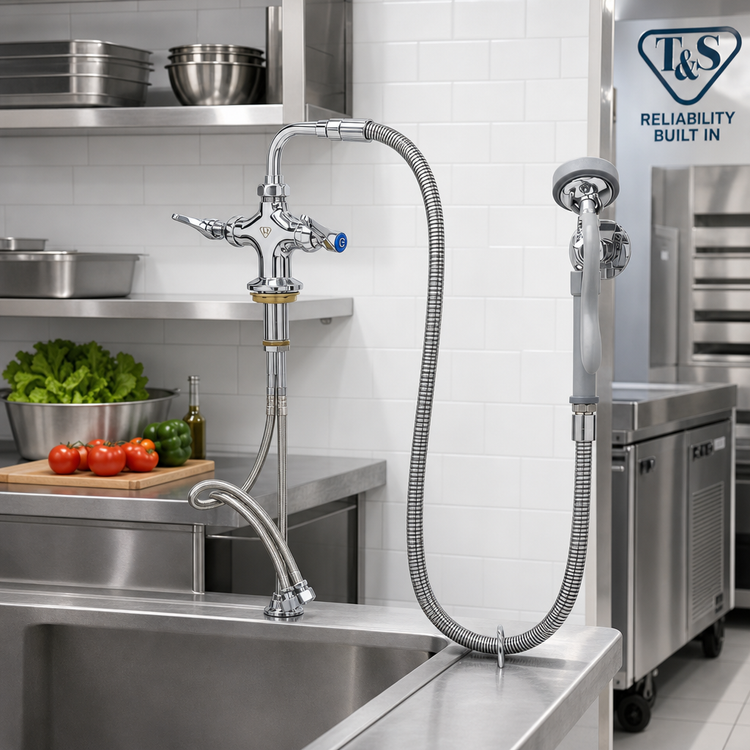 Product image #2 for T&S Brass B-0160 Deck-Mount Single-Hole Pre-Rinse Mixing Faucet with 44-Inch Hose and 1.15 GPM Spray Valve