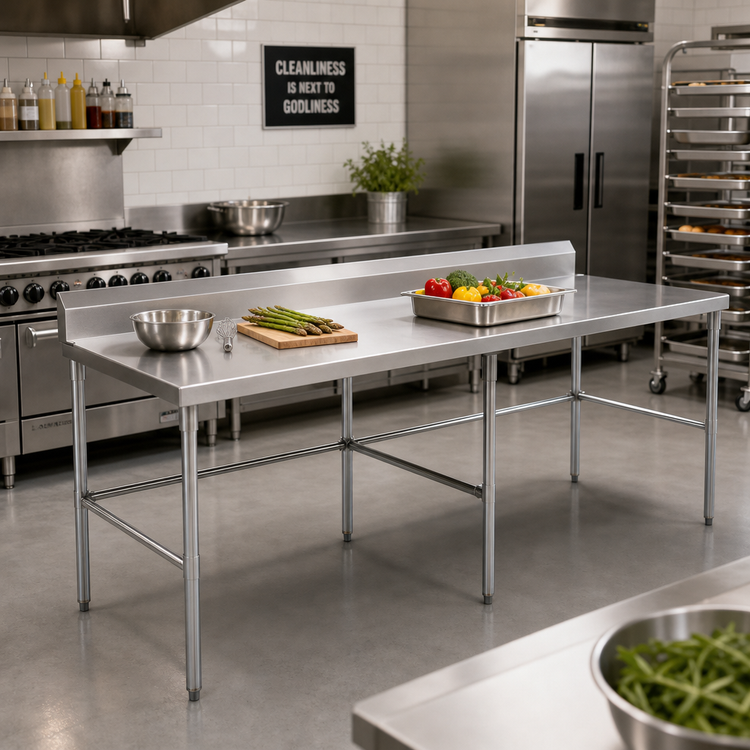 Product image #2 for Sapphire 84-Inch x 30-Inch 18-Gauge 430 Stainless Steel Work Table with 5-Inch Backsplash and Open Galvanized Base