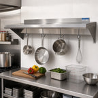 Thumbnail image #2 for BK Resources BKWS6-1472-PR 72-Inch Wall-Mounted 304 Stainless Steel Overshelf with Pot Rack and 6 Hooks