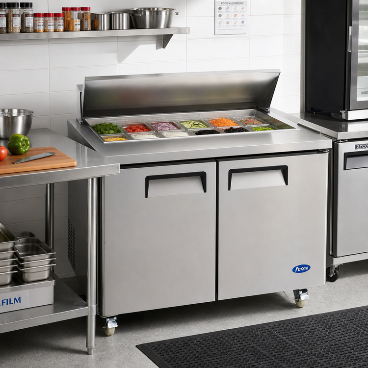 Product image #2 for Atosa Two-Section Sandwich/Salad Mega Top Refrigerated Prep Table, 48.2 Inch Wide, 13.4 Cu. Ft., Solid Doors