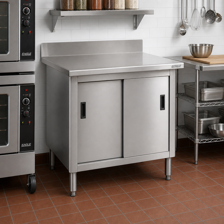 Product image #2 for Eagle Group 36 x 30 Inch Knock-Down Stainless Steel Enclosed Work Table with Cabinet Kit, 4-1/2 Inch Backsplash, Sliding Doors