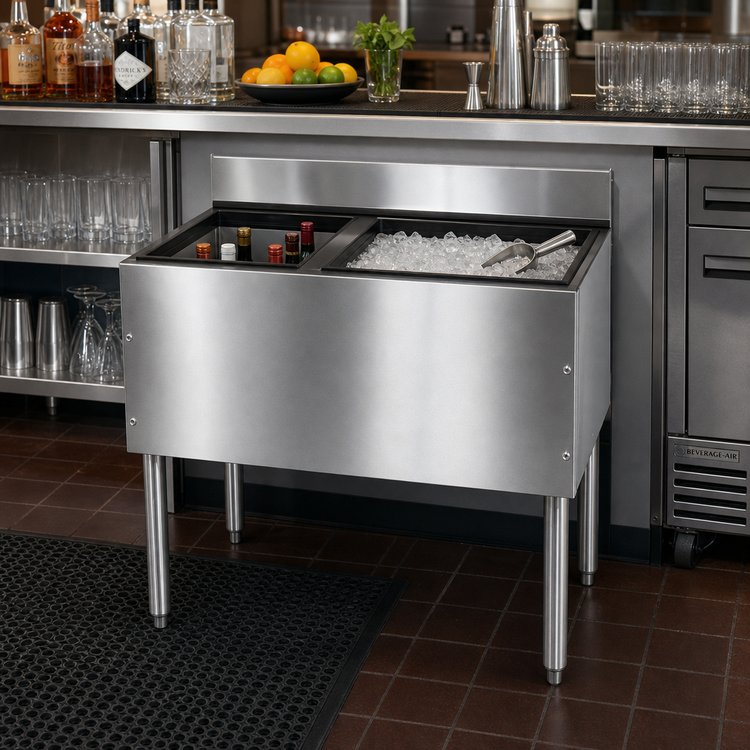 Product image #2 for Glastender CHOICE 36-Inch Underbar Combo Ice Bin/Cocktail Unit with Left 6-Bottle Storage