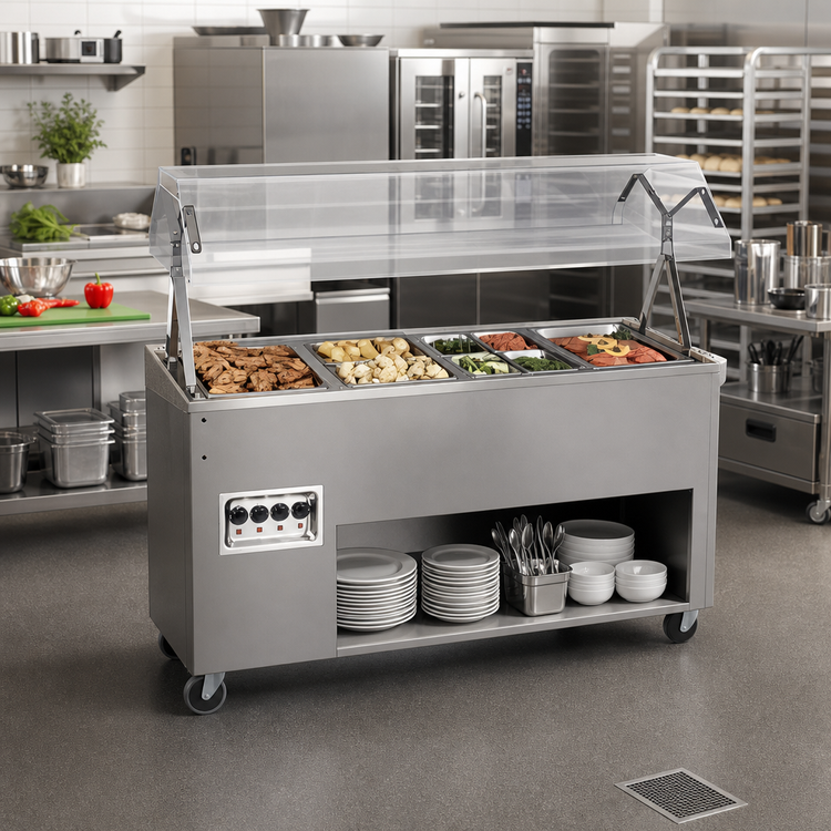 Product image #2 for Vollrath 2-Series Affordable Portable 4-Well Mobile Hot Food Station with Lighted Buffet Breath Guard and Open Storage Base, 120/208-240V