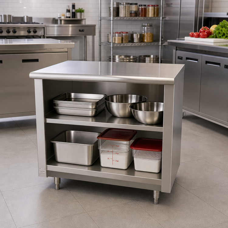 Product image #2 for Advance Tabco Special Value Economy Flat Top Open Front Base Work Table with Mid-Shelf, 36 x 30 Inches, 16 Gauge 304 Stainless Steel Top