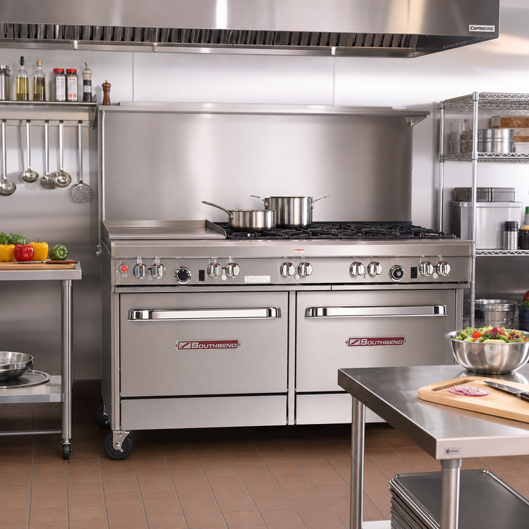 Product image #2 for Southbend Ultimate 60-Inch Gas Restaurant Range with 6 Star/Sauté Burners, 24-Inch Griddle and 2 Cabinets
