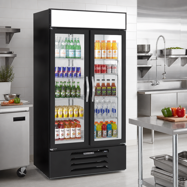 Product image #3 for Beverage-Air MarketMax Two-Section Reach-In Glass Door Merchandiser Refrigerator, 35.08 Cu. Ft., Black, Hinged Double Glass Doors