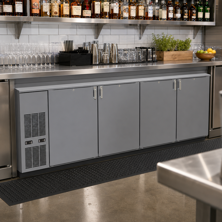 Product image #2 for Glastender Two-Zone Front-Serviced Bar Profile Back Bar Cooler, 108 Inch, 4-Section, Self-Contained