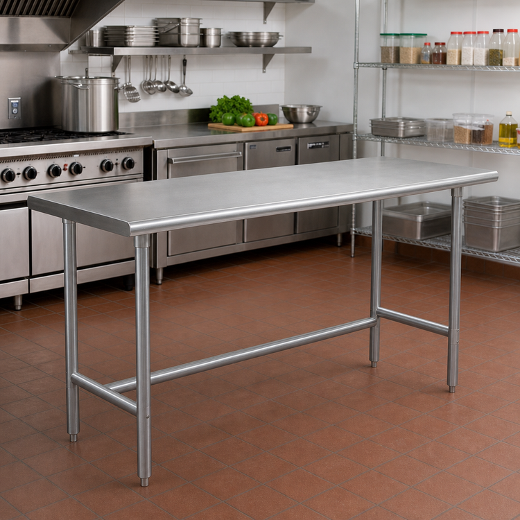 Product image #2 for Advance Tabco 84-Inch x 24-Inch Flat Top Open-Base Work Table with 14-Gauge 304 Stainless Steel Top and Galvanized Legs