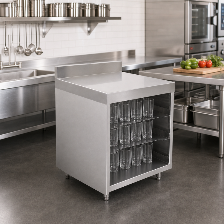 Product image #2 for Underbar Glass Rack Storage Unit with Flatboard Top, Open Front Cabinet Base, and 3-Inch Backsplash