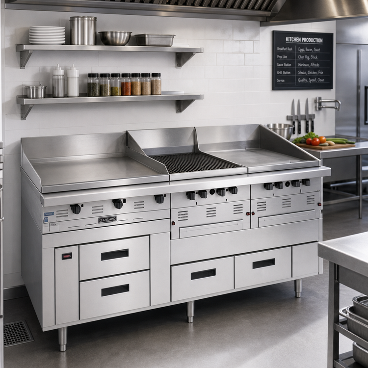 Product image #2 for Garland Arctic Fire 80-Inch Two-Section Self-Contained Freezer Base with 4 Self-Closing Drawers