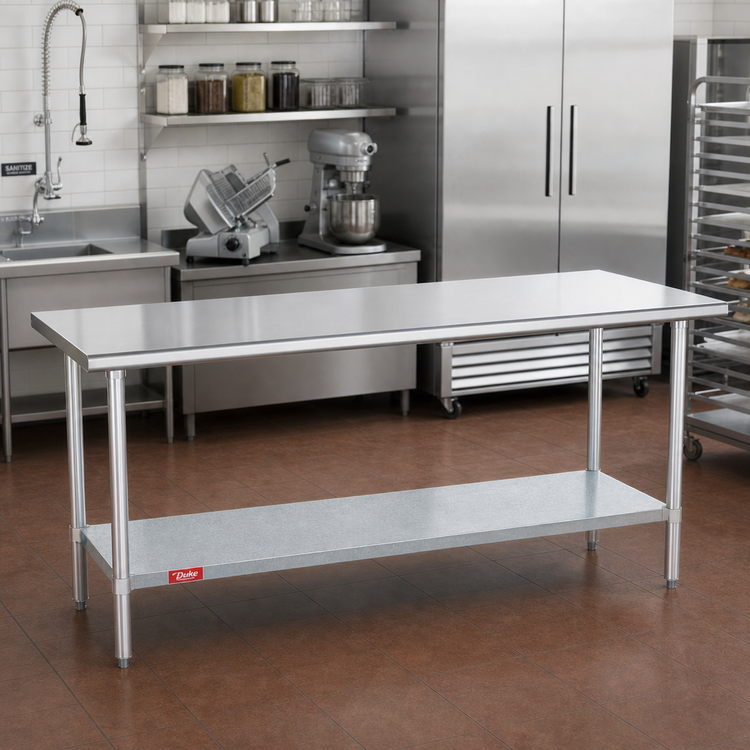 Product image #2 for Duke Manufacturing 144-Inch Stainless Steel Work Table with Galvanized Undershelf and Posts, 30-Inch Deep, Without Backsplash