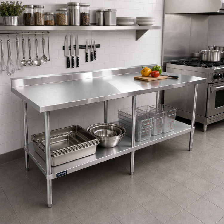 Product image #2 for Sapphire 84-Inch 18/430 Stainless Steel Worktable with 5-Inch Backsplash and Open Undershelf
